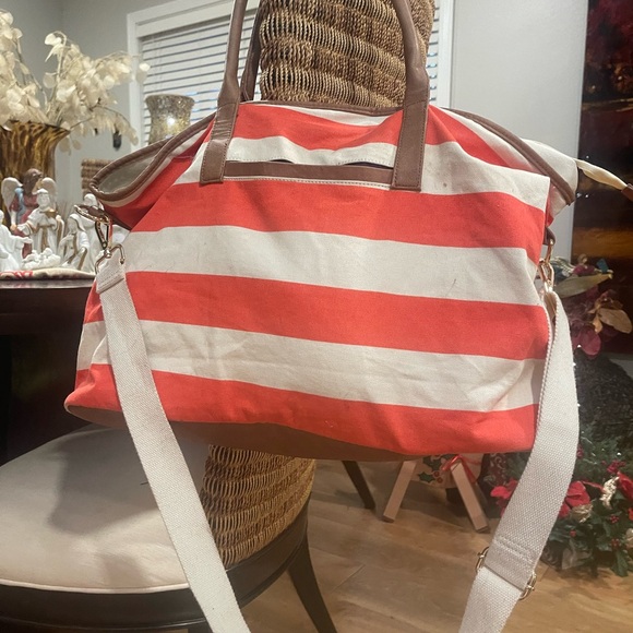 Merona Coral and White Striped Tote Bag - Picture 3 of 7